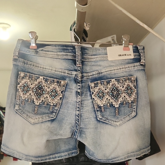 Grace in LA Pants - Grace in LA Blue Embroidered Jean Shorts